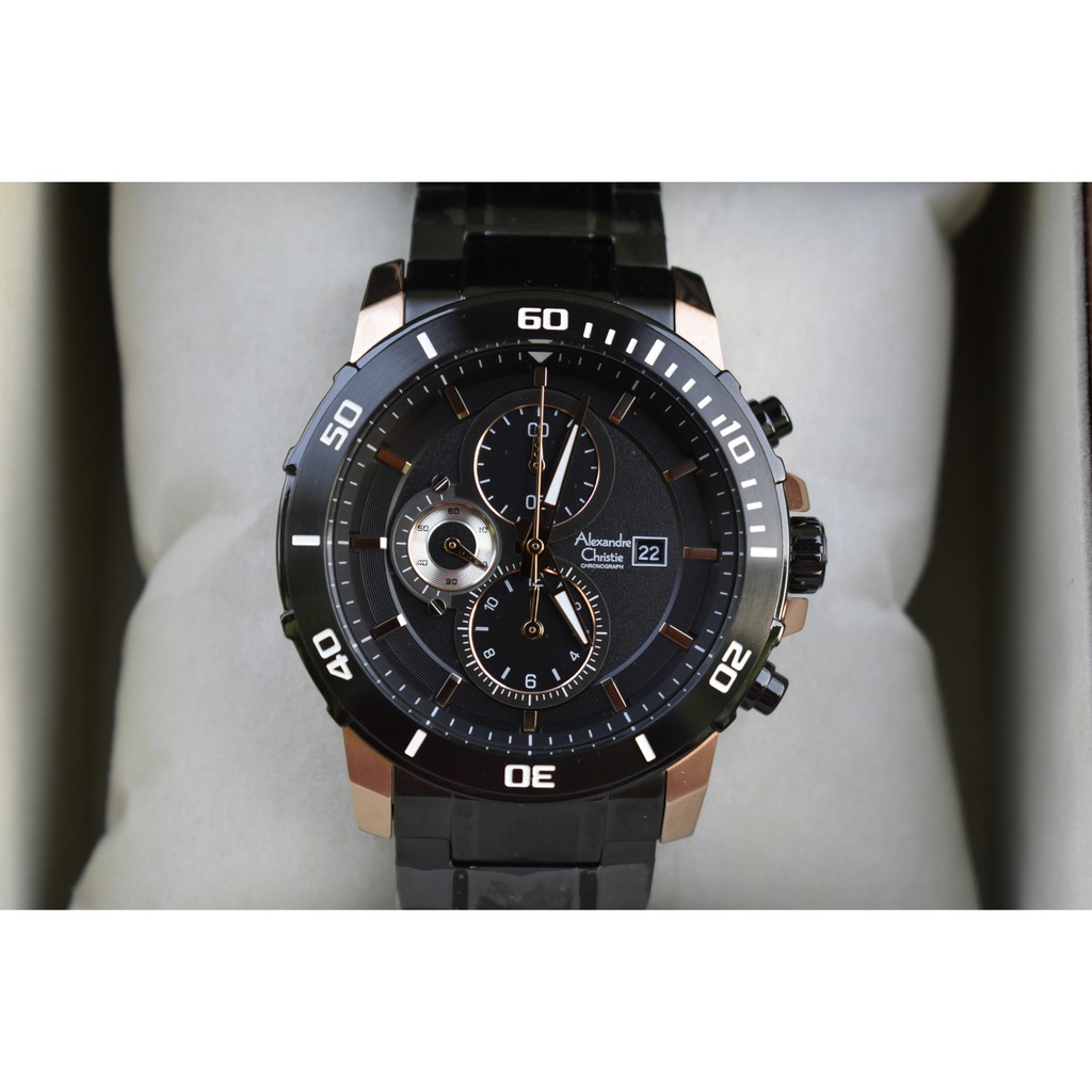 Jam Tangan Alexandre Christie Cowok Pria AC 6473 MC AC6473 Black Rosegold Original