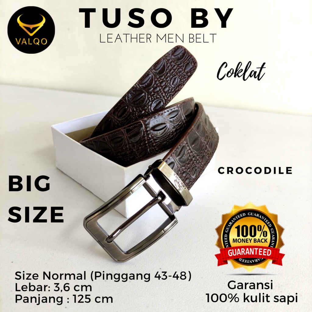 [VALQO] TUSO BY Ikat Pinggang Sabuk kulit sapi Motif Buaya Coklat Pria Cowok Tusuk Normal dan Besar Big Size COD  MODEL Tusuk/lubang