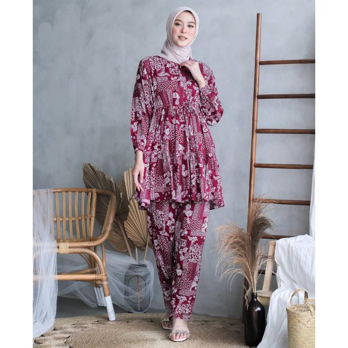 Set Rayon Baju Tidur Wanita Piyama Premium Santai Dan Jalan Jalan - Merah Tokojanbuja