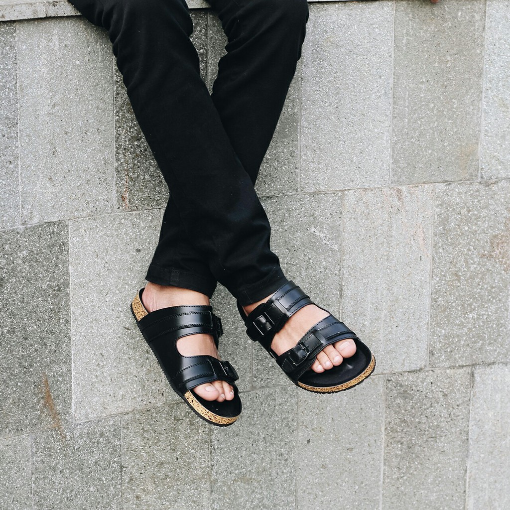 Gabriel Full Black | Sendal Jepit Tali Kulit Simpel Kayu Pria/Cowok Sandal Footwear | FORIND x Zensa