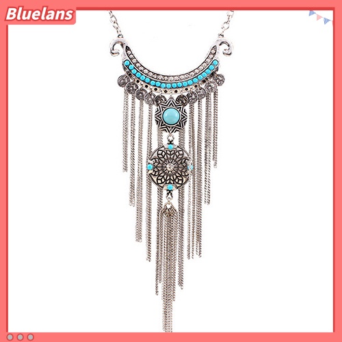 Bluelans Women Bohemian Turquoise Long Tassels Pendant Necklace Alloy Choker Chain