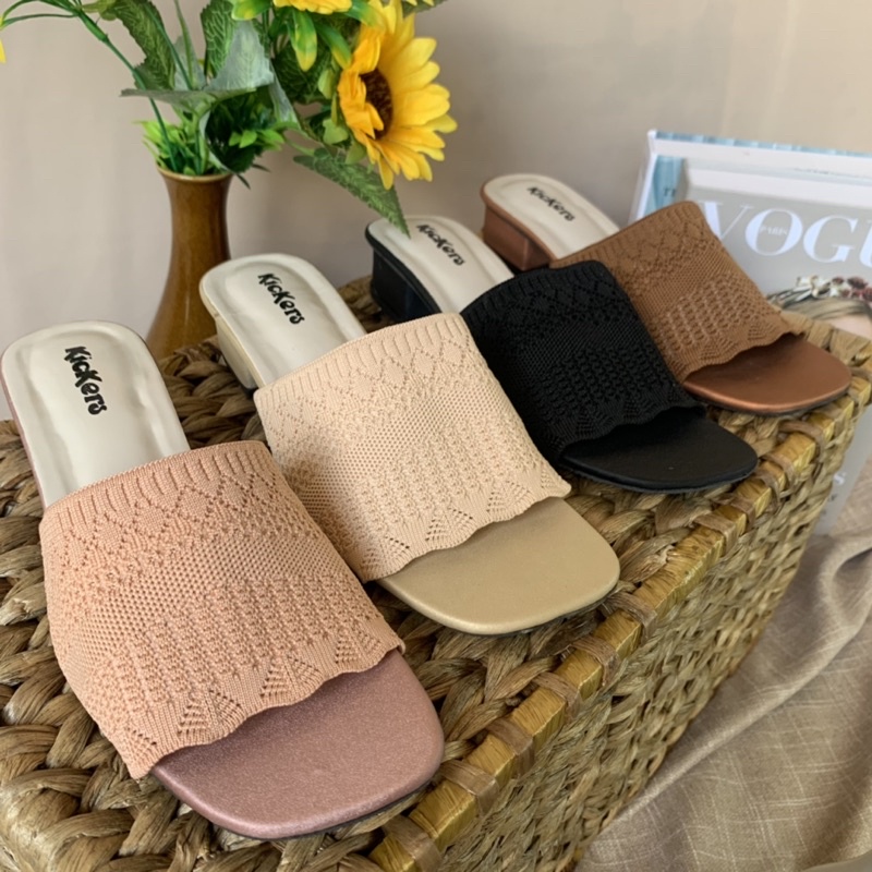 SANDAL HIGHHEELS SLOP RAJUT WANITA KOREA HAK 3CM ANDIN TERLARIS TERMURAH SLOP RAJUT RICIS SANDAL HAK TAHU WANITA RAJUT IMPORT Slip Sandal Wanita Slop / Selop Cewek Casual