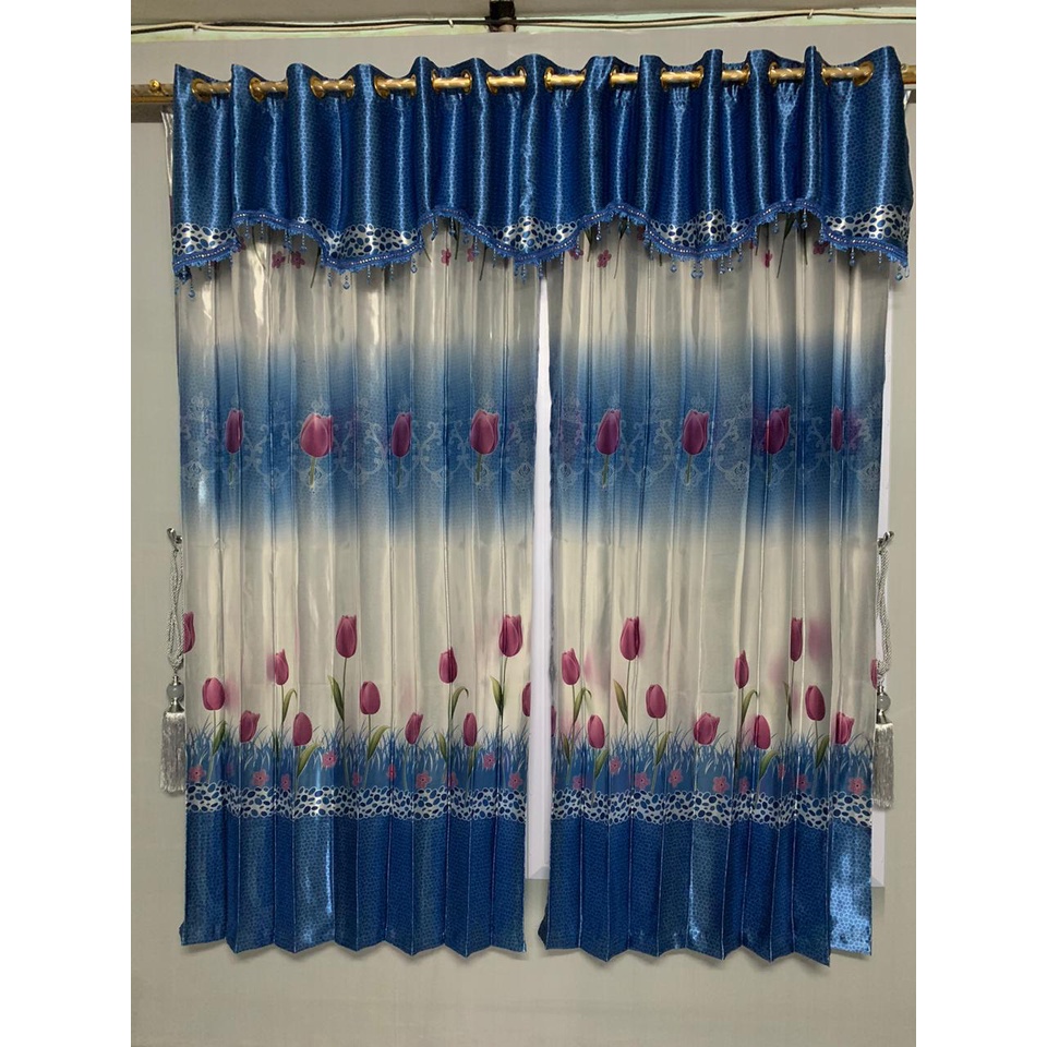 Promo Gorden Blackout Paket dengan poni lepasan motif bunga tulip warna BIRU Nagita ZINIA BIRU
