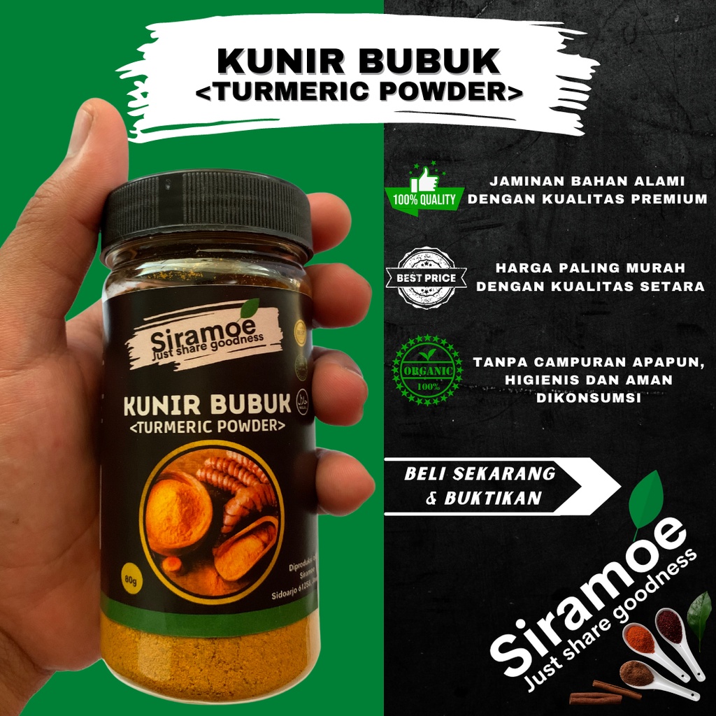 

Siramoe - Kunir Kunyit Bubuk Asli 80 gr Kering Halus Turmeric Powder Murni Tanpa Campuran Gula Kualitas Premium Obat Lambung Maag Kanker Tumor Kista Keputihan Promil Pelangsing Organik Herbal Jurus Sehat Rasulullah Jsr Rasa Rempah Nusantara