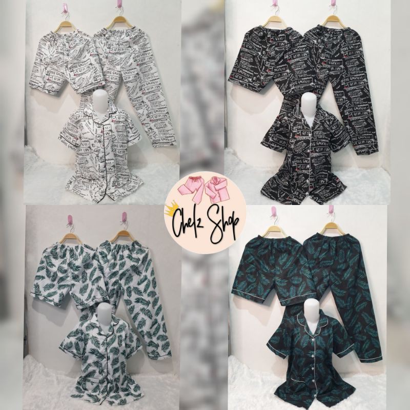 Baju Tidur Piyama Wanita Cewek Pajamas Dewasa Katun Motif Daun 3 in 1