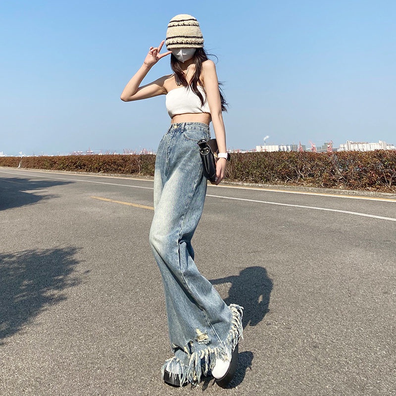 Red celana jeans wanita spring and autumn street leg ripped raw edge jeans wanita high waist straight wash old slim pants