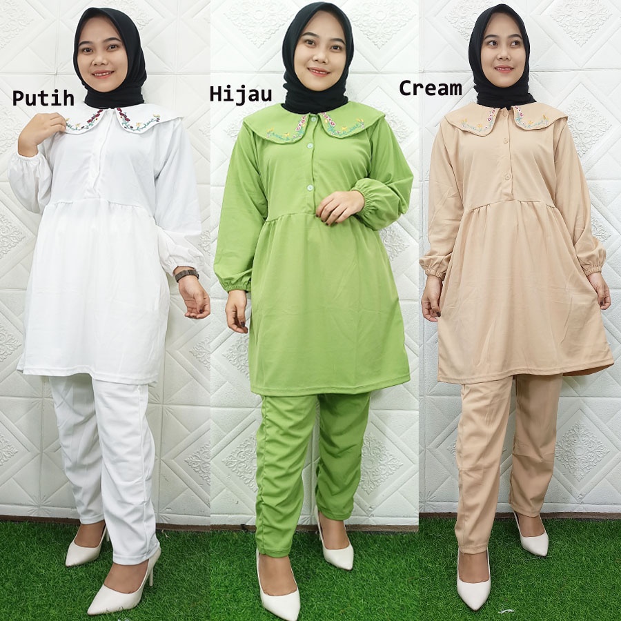 SETELAN TUNIK BUSUI + CELANA ZUVIA BORDIR KERAH GL FASHION