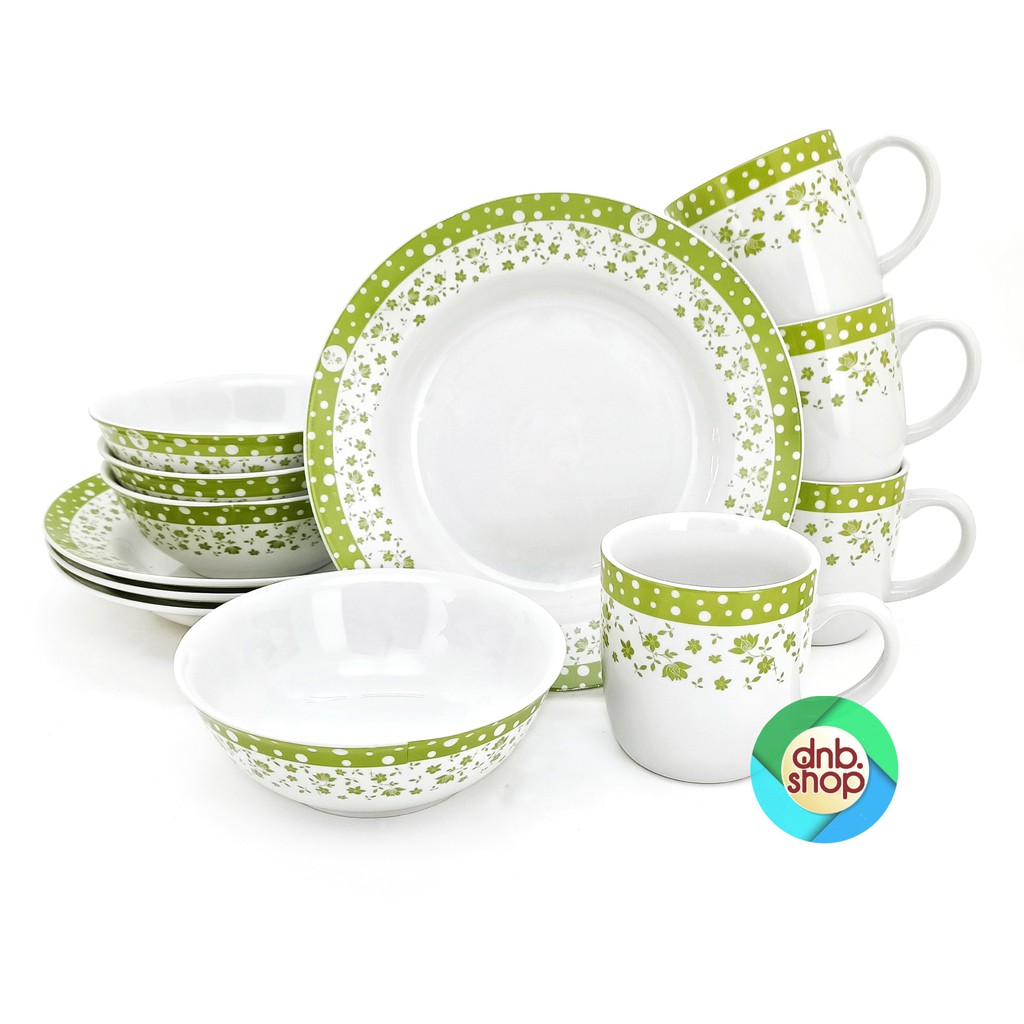 Paket Dinner Set Isi 12pcs Motif Polkadot Fleur / Perlengkapan Makan Keramik