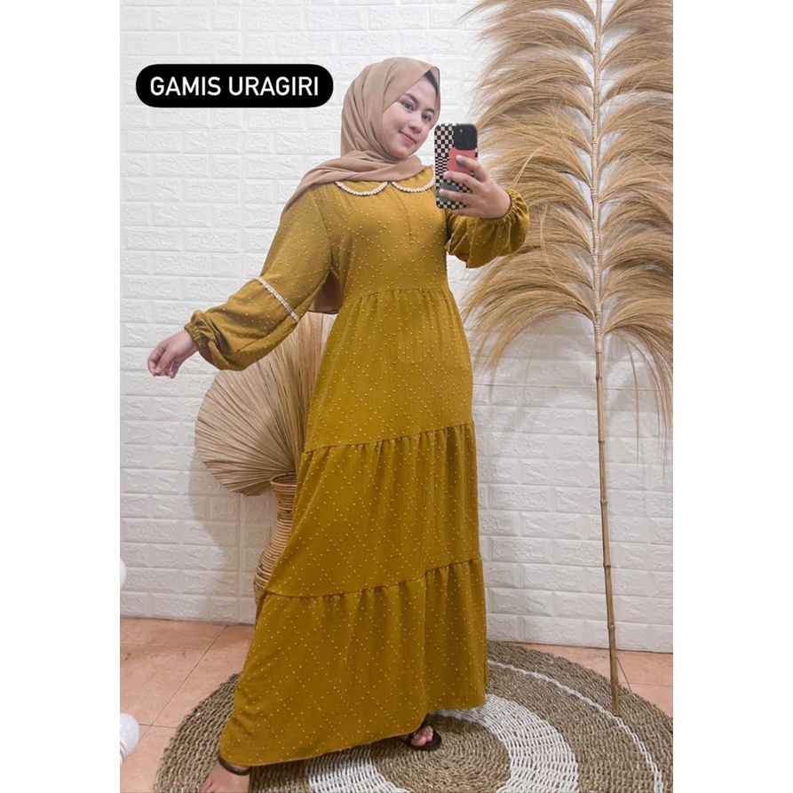BAJU DEWASA GAMIS URAGIRI TWOTONE LENGAN BALON  MIX RENDA KECIL