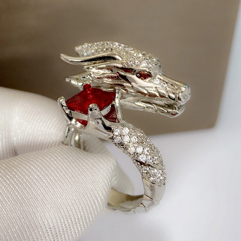 Cincin Pria Warna Gold Desain Naga Hias Batu Merah Oval Besar Untuk Pesta Pernikahan