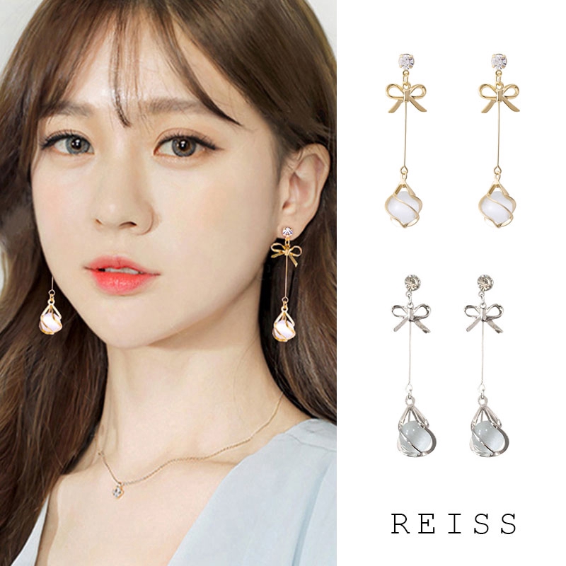 Korea Bow Anting Panjang Anting Mutiara Dan Berlian