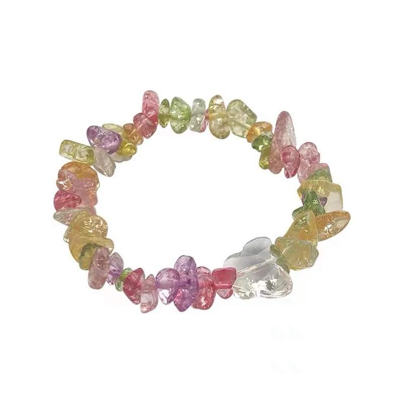 Gelang Manikmanik Batu Alami Warna Pelangi Bandul Kupukupubunga Kecil Elastis Untuk Wanita