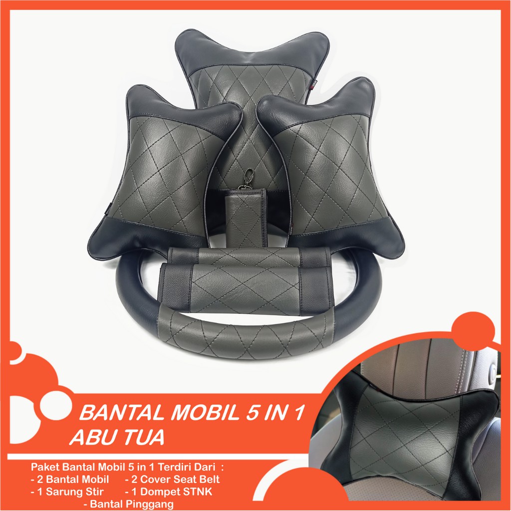 Set Bantal Mobil 5 in 1 Premium Bantal Leher Bantal Pinggang Cover Stir Seatbelt Free Dompet STNK