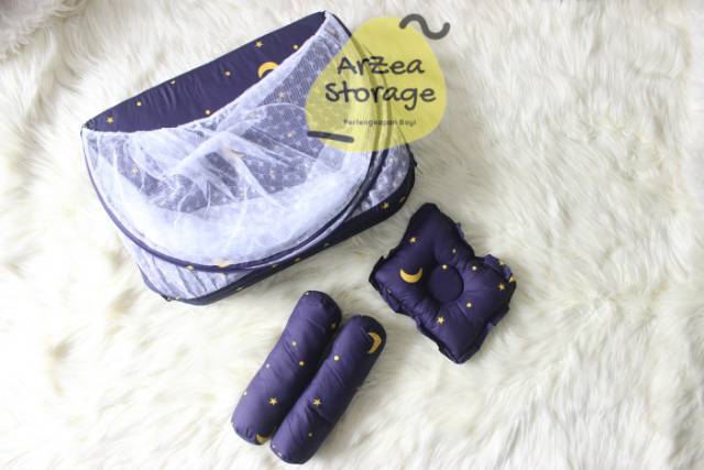 Kasur bayi set kelambu bantal guling bulan bintang navy lipat