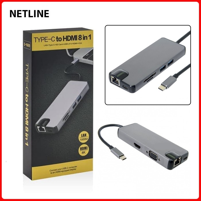 Netline USB Type C to HDMI 8 in 1 Lan Type-C SD Card USB 3.0 HDMI VGA Port