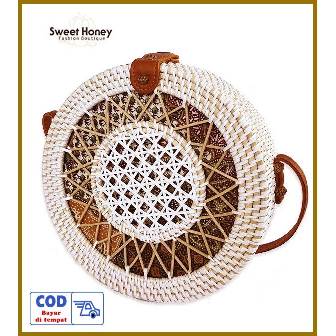 Sweet Honey - Grosir Tas Rotan Bulat Bali Ulat/ Ulet/ Gendit Grosir Murah Selempang Wanita 20cm