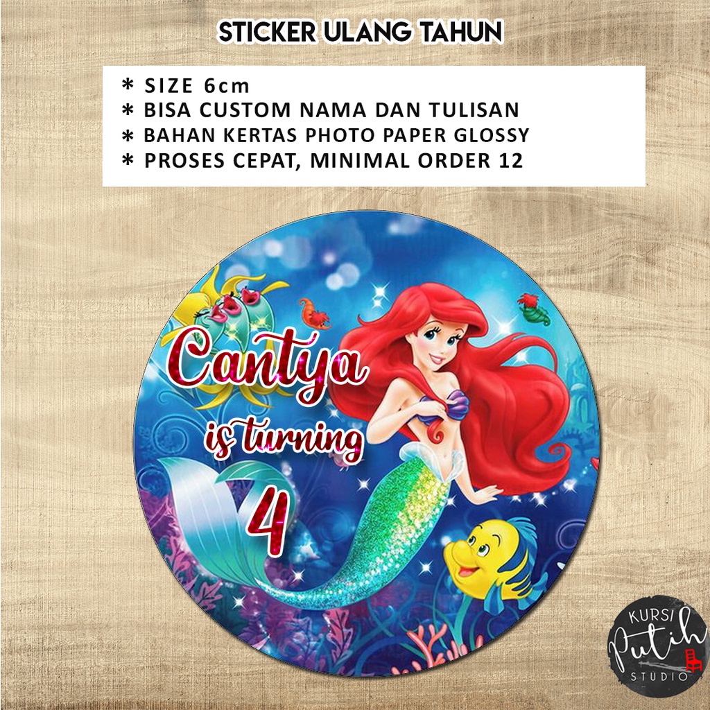 

custom sticker birthday ulang tahun bento diameter 6cm tema ariel mermaid