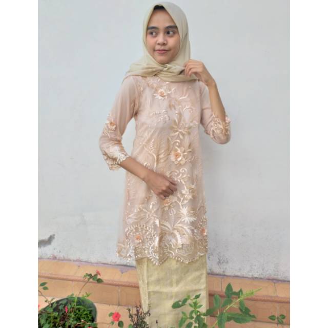 Baju kurung tulle bordir 3D krem