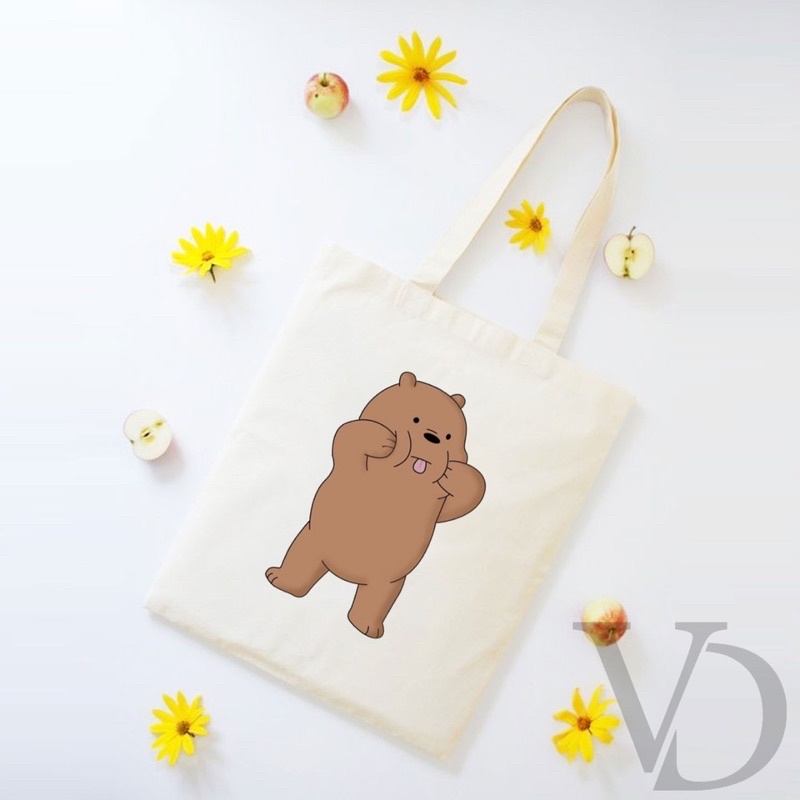 TOTE BAG BAHAN KANVAS GRIZZLY CUTE TOTE BAG / TAS BELANJA MOTIF KOREA
