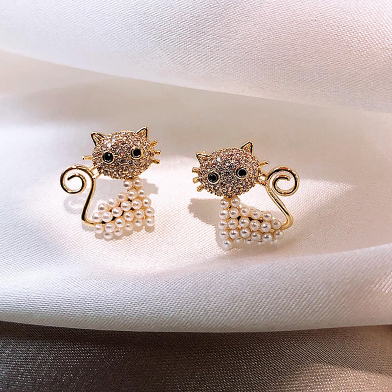 Fancyqube Anting Stud Desain Hewan Kucing Kuda Burung Aksen Mutiara Berlian Imitasi Untuk Wanita