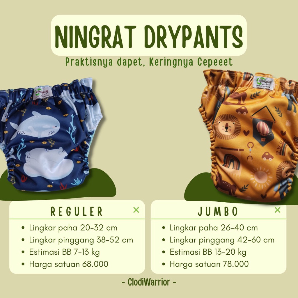 Ningrat DRYPANT Clodi Cepat Kering Popok Kain Bayi Cuci Ulang Model Celana Ukuran reguler  jumbo SNI