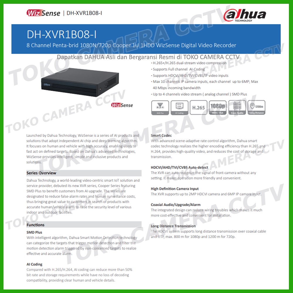 DVR DAHUA 8 CHANNEL XVR1B08-I DVR DAHUA 2MP XVR 1B08 I