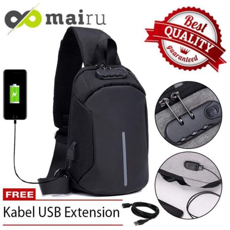 Mairu Tas Slempang Selempang Anti Maling with Lock dengan gembok Anti Air Sling Bag Pria cowok + Por