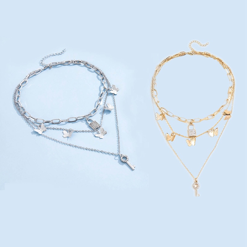 Kalung Rantai Multilayer Dengan Liontin Kupu-Kupu Kunci Aksen Kristal Untuk Wanita