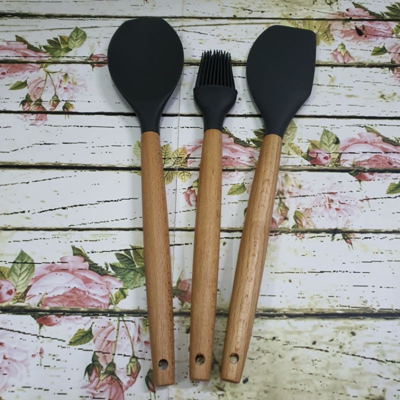 silicone cooking utensil spatula set 3pcs with wooded handle