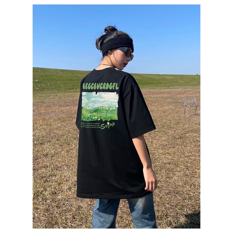 kaos wanita atasan Korean Style oversize kaos hitam Printed t shirt lengan pendek retro loose tee