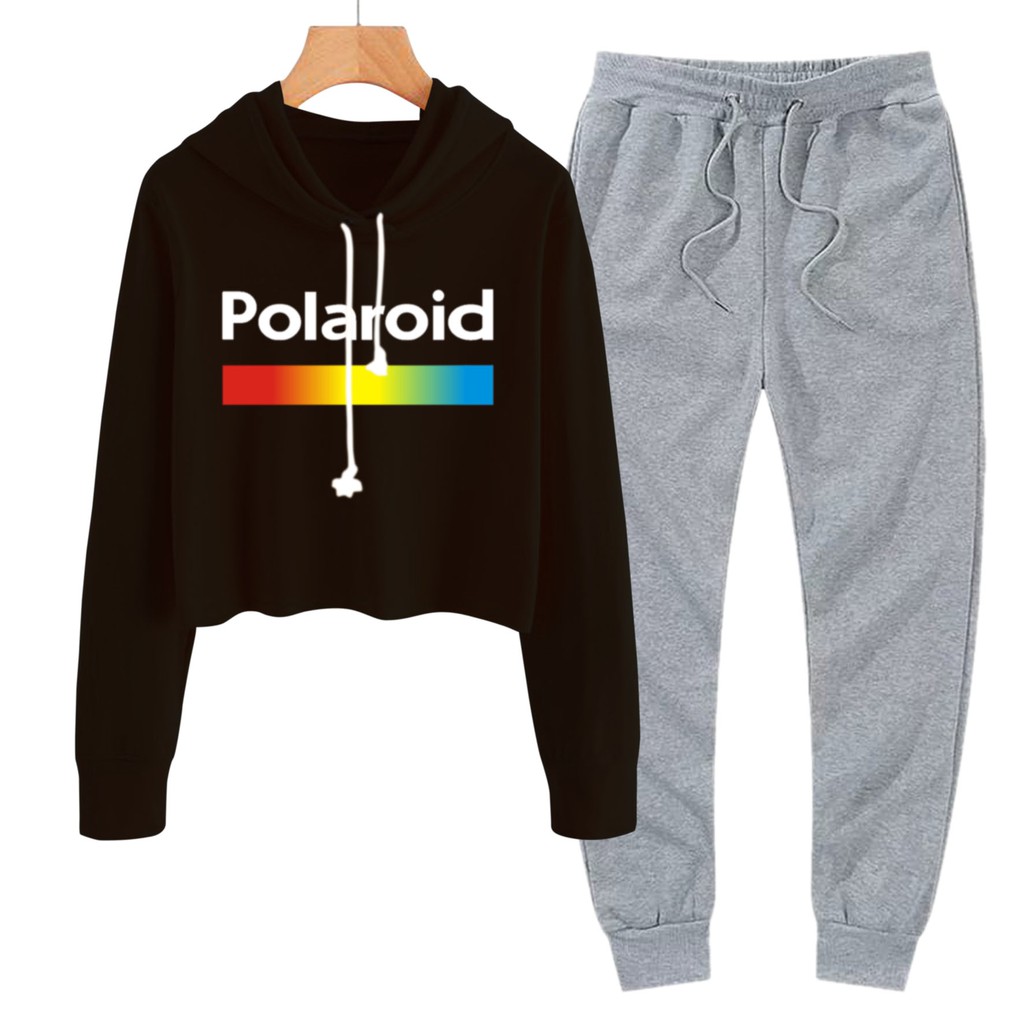 BESS - Baju Setelan Wanita Murah / Setelan Hoodie Crop + Jogger Abu - POLAROID