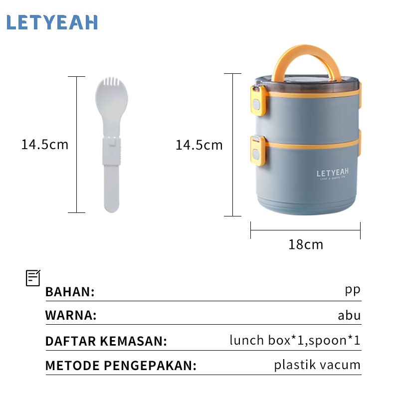 letyeah kotak makan anti tumpah 1600ml / lunch box 2 susun portabel / free sendok