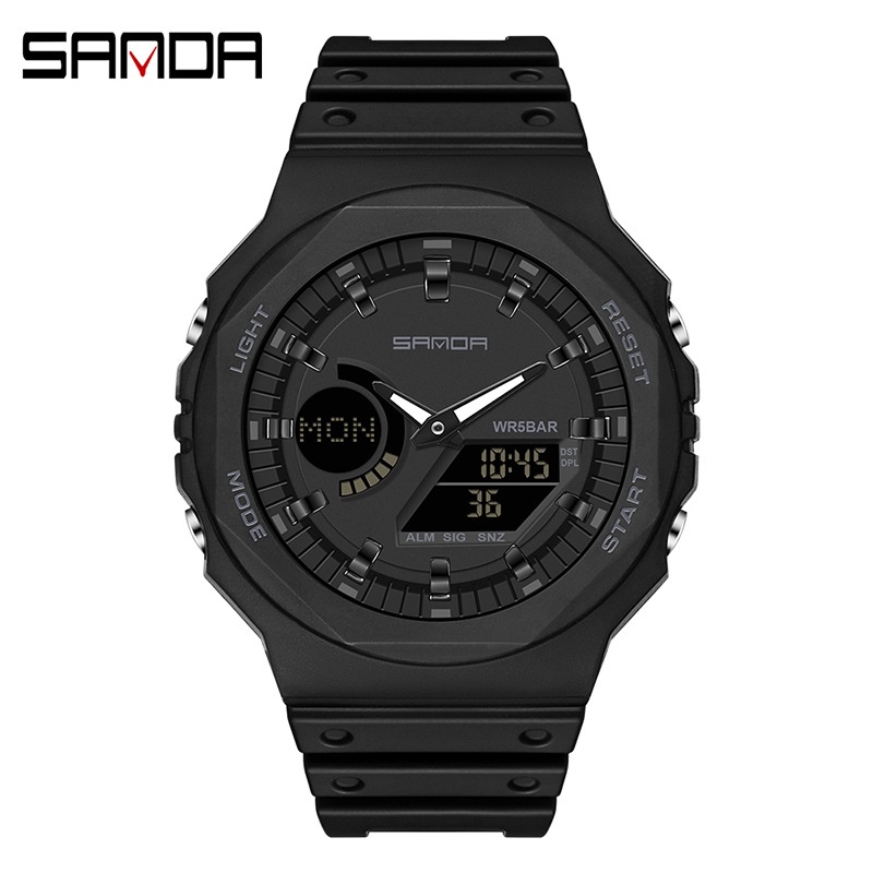 SANDA 6016 Jam Tangan Pria Wanita Digital Sport EL Backlight Tali Rubber Anti Air-Hitam Hitam
