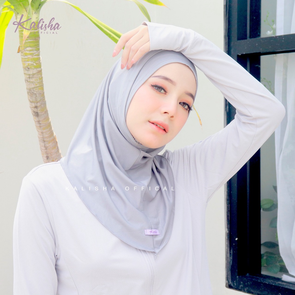 HIJAB MASKER HEADSET SPORTY HELMA / ACTIVE HIJAB EARPHONE MASK / HIJAB NEW NORMAL / HIJAB KHIMAR INSTAN BERGO MASKER EARPHONE BY KALISHA OFFICIAL-SILVER