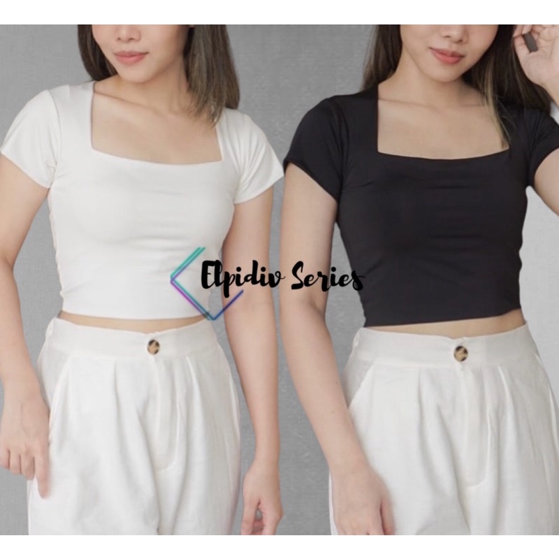 Elpidiv - Crop Top Leher kotak Kaos Crop Top Wanita Polos CropTee Leher Kotak S,M,L,XXL (CTLP-005)