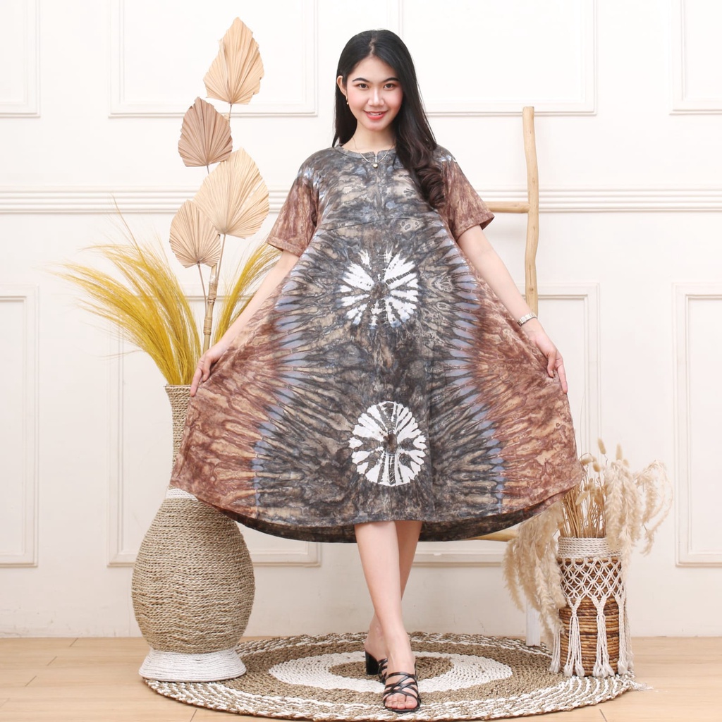 [GROSIR] Daster Kaos Payung Busui Tiedye XXL Jumbo Klok A Busui Resleting-Zip Guci Coklat