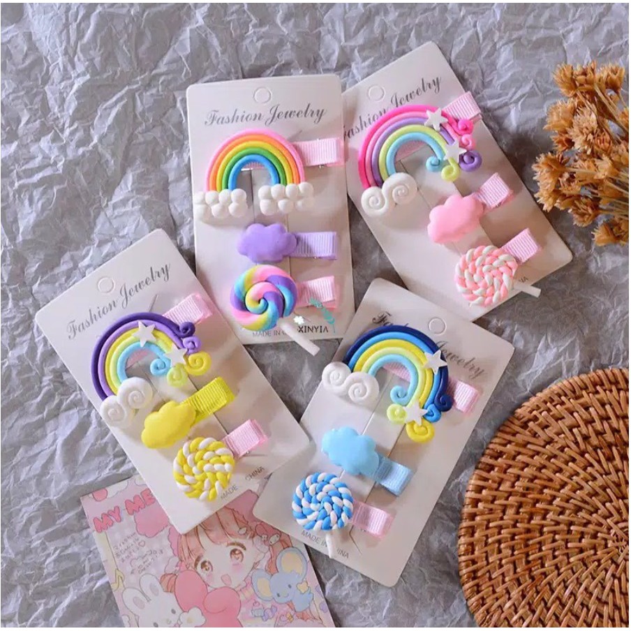 3 Pcs Set Jepit Rambut PELANGI 01 Kartun Unicorn Awan Klip Jepitan Anak Gaya Korea Fashion Hair Clip