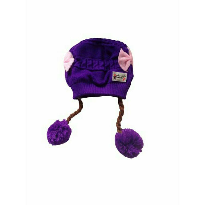 TOPI BAYI RAMBUT/KUPLUK KEPANG POMPOM GRATIS PASANG NAMA SUKA SUKA-Ungu