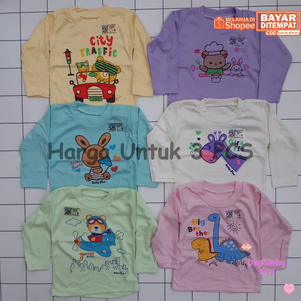 Kaos oblong panjang bayi warna motif karakter Babyface usia 6-24 Bulan 3 PCS