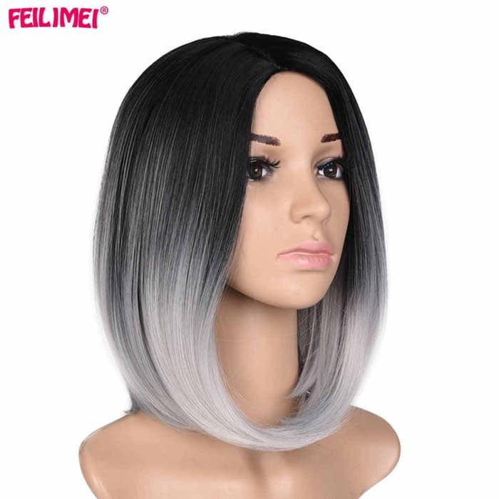 Wig ombre hitam abu abu grey silver blonde black