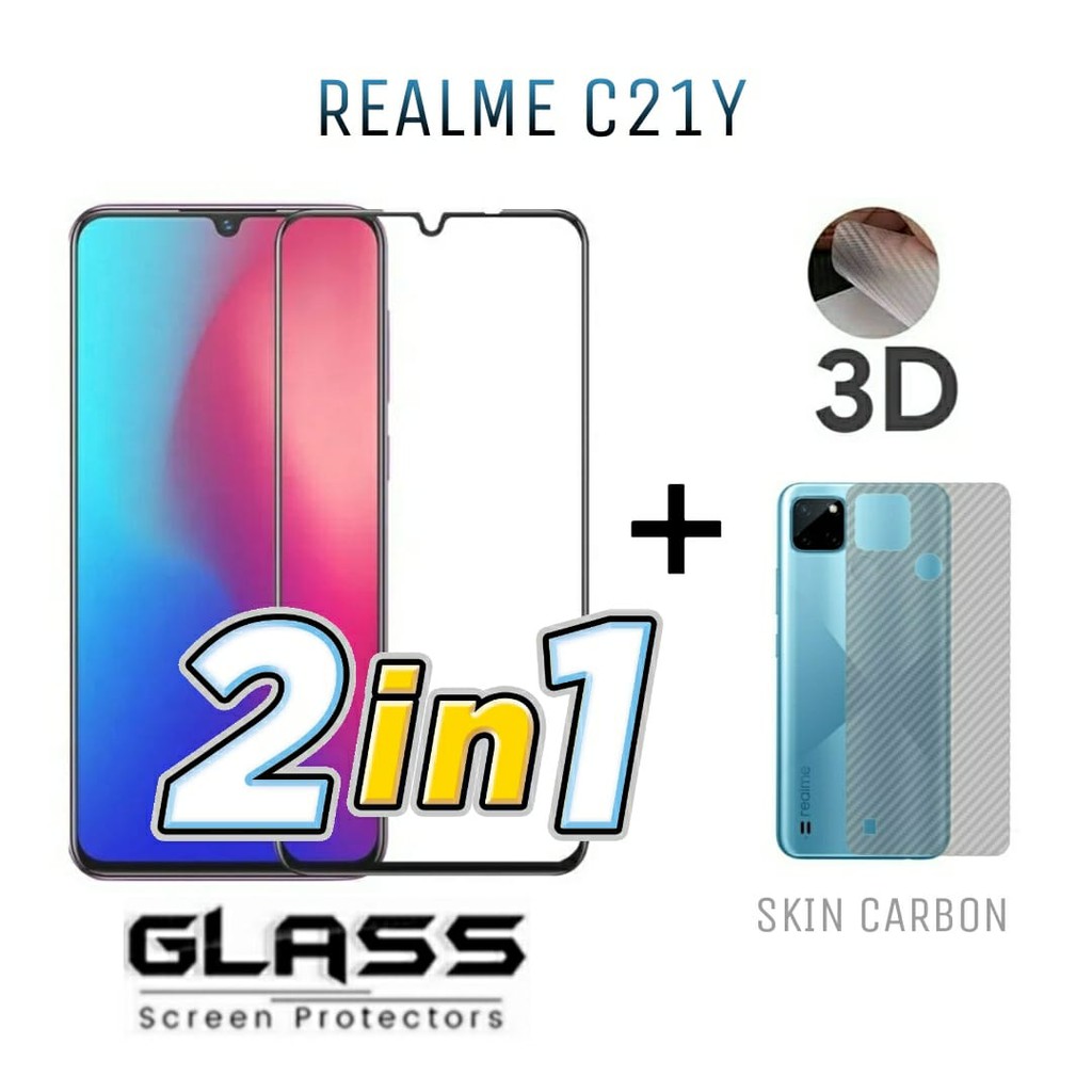 Tempered Glass Layar REALME C21Y Free Skin Carbon Back Handphone