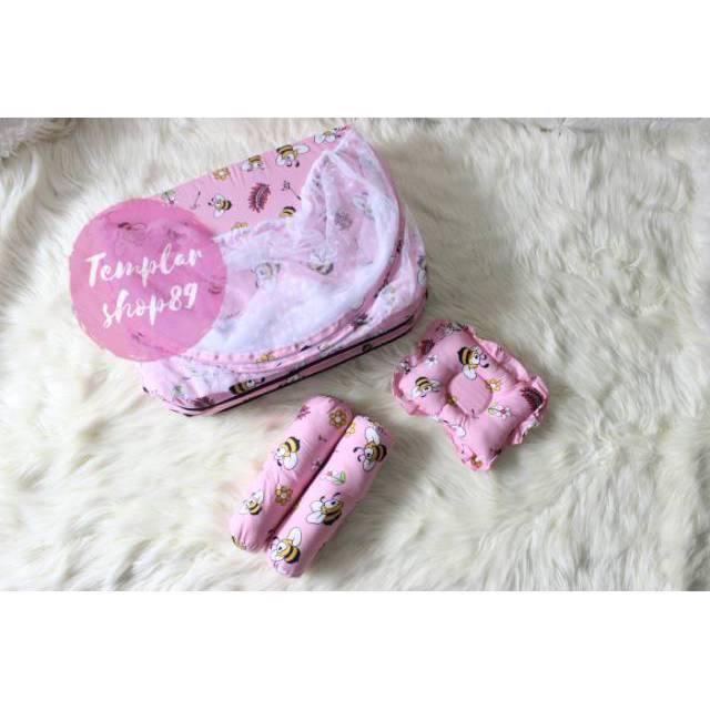 Kasur bayi set kelambu bantal guling model lipat  pink lebah termurah