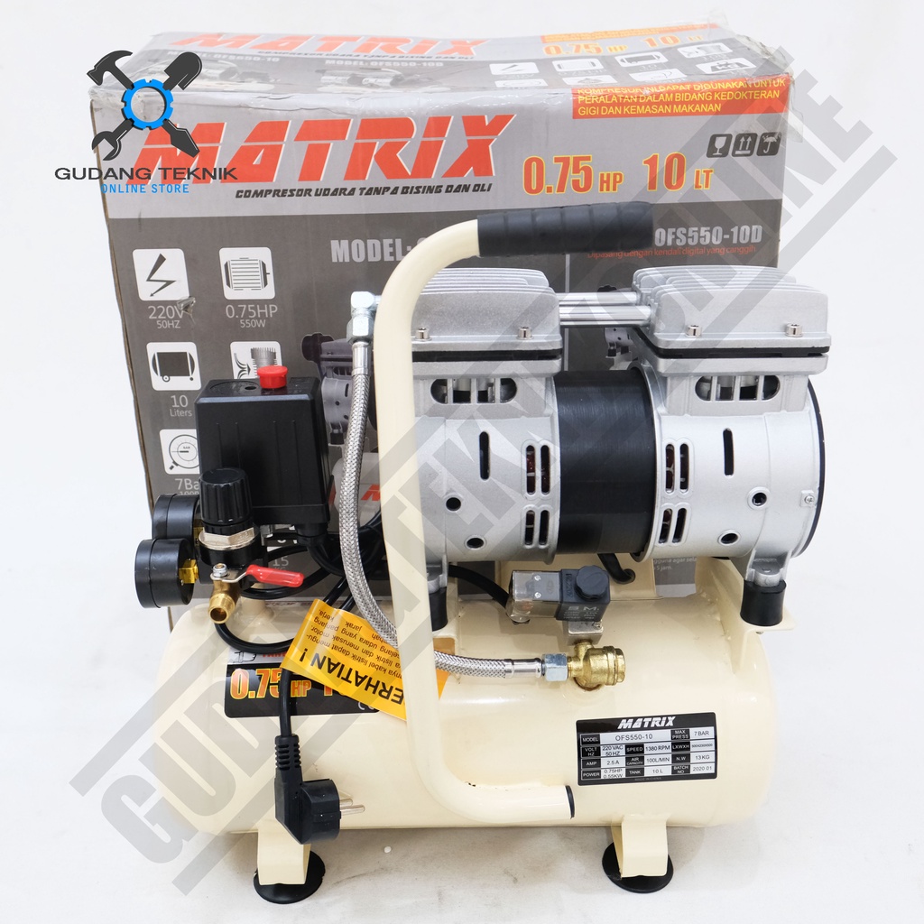 Kompresor Angin Tanpa Oli MATRIX OFS 550-10 / Air Compressor Oilless MATRIX OFS550-10 3/4Hp 10L