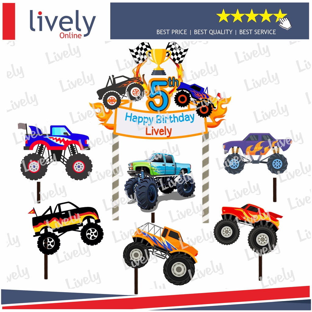 CUSTOM NAMA CAKE TOPPER KARAKTER MONSTER TRUCK HIASAN KUE ULANG TAHUN HAPPY BIRTHDAY