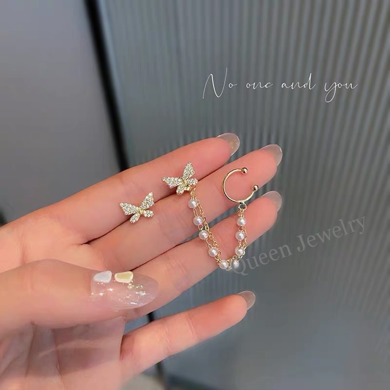 Butterfly set Anting Klip Telinga Model Kupu-Kupu Rumbai Rantai Menjuntai Gaya Korea
