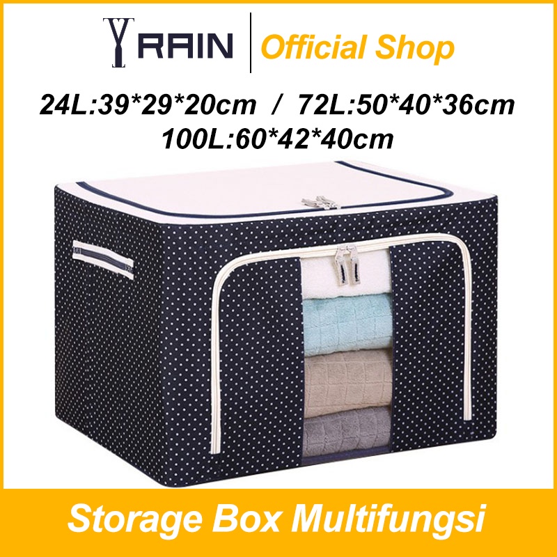 YRN 24L/72L/100L Storage Box organizer Multifungsi Frame Baja Double Zipper  Baju kotak Penyimpanan