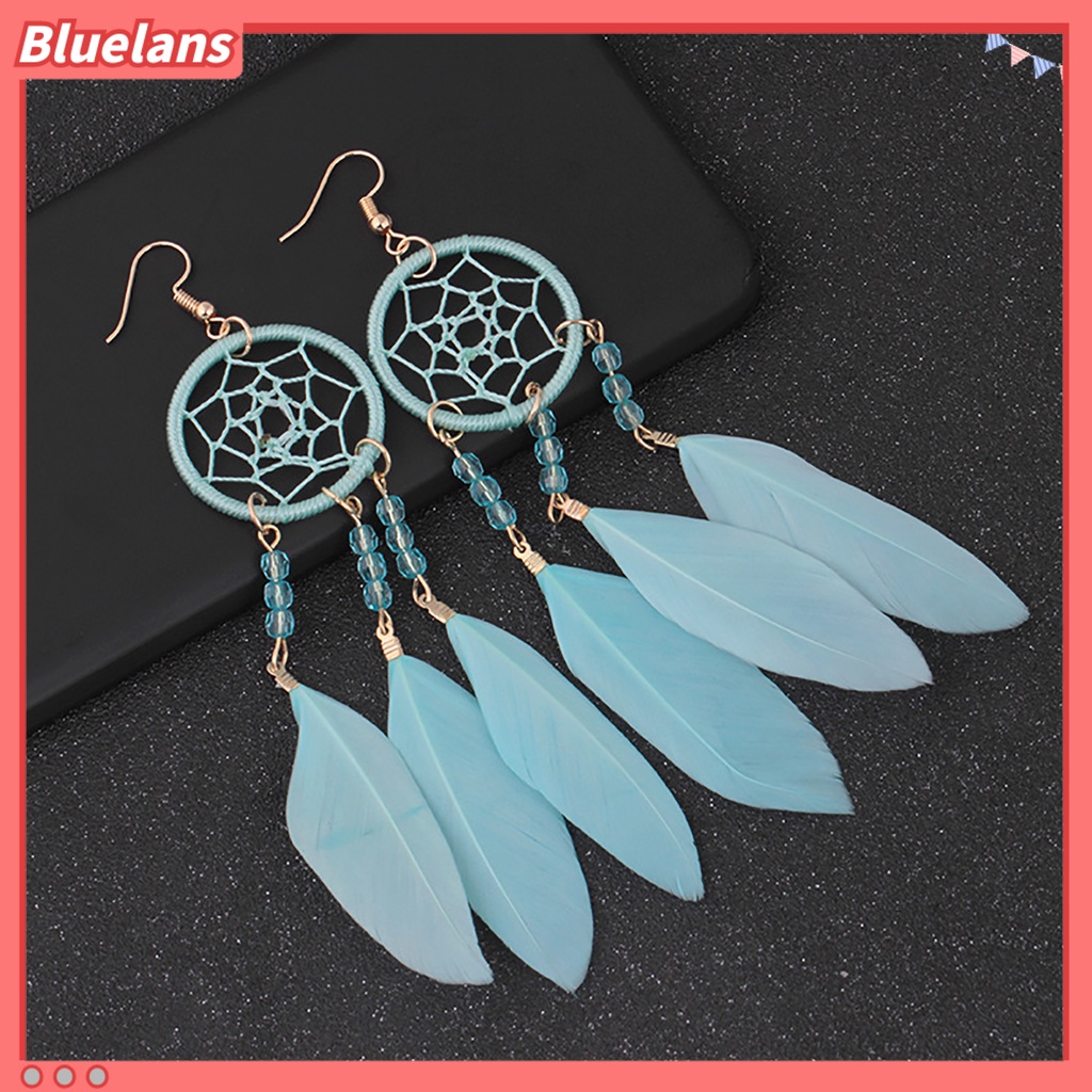 Bluelans 1 Pasang Anting Juntai Desain Dream Catcher Hollow Out Aksen Bulu Gaya Etnik Bohemia