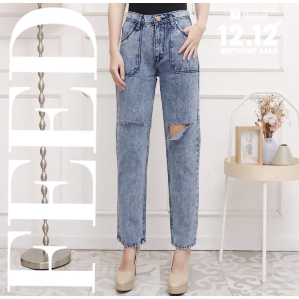 HOPYLOVY Celana Boyfriend Jeans Wanita Highwaist Celika