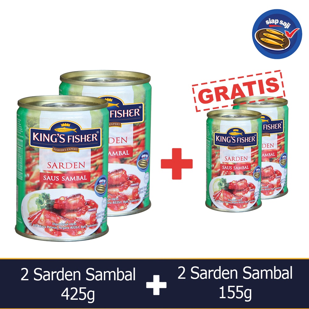 

King's Fisher Paket Besar Kecil 4 pcs Sarden saus sambal 425g 155g Kaleng