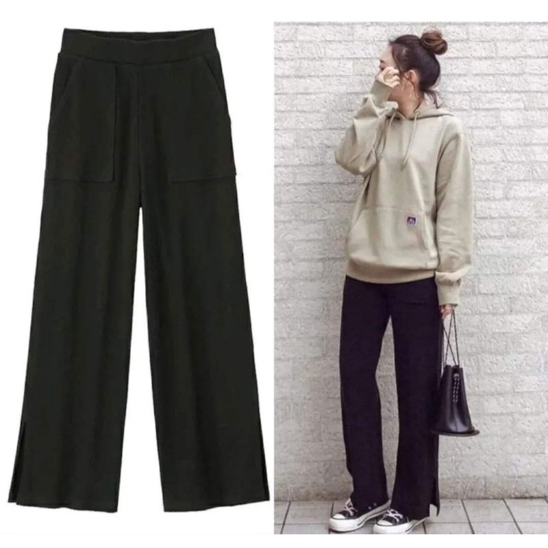 Celana Wanita Kulot Panjang Uniqlo GU Rib Slit Wide Long Pants Original Branded